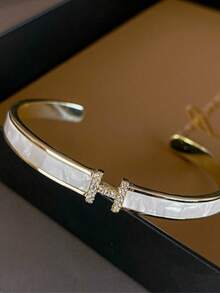 1pc Luxury White Mother Of Pearl H-Shaped Zirconia Inlaid Open Cuff Bracelet, Versatile Elegant Commuter Bangle - Golden White - View 3