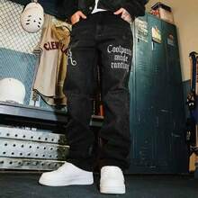 Casual Loose Straight Wide-Leg Jeans With Distressed Embroidery, Street Style - Black - View 5