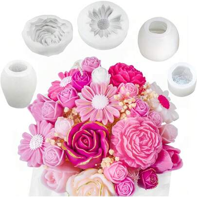5件組花卉蠟燭模具套裝，3D花朵矽膠蠟燭模具，適用於蠟燭製作，包含雛菊、牡丹、玫瑰、鬱金香花卉模具，適用於肥皂、蠟塊、環氧樹脂鑄造，母親節禮物，易脫模