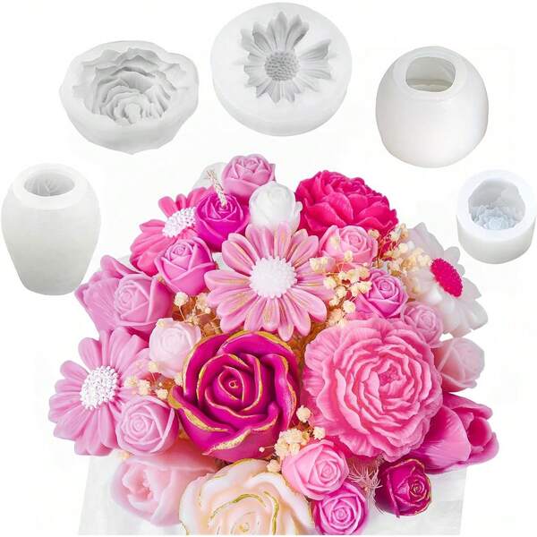 5件組花卉蠟燭模具套裝，3D花朵矽膠蠟燭模具，適用於蠟燭製作，包含雛菊、牡丹、玫瑰、鬱金香花卉模具，適用於肥皂、蠟塊、環氧樹脂鑄造，母親節禮物，易脫模