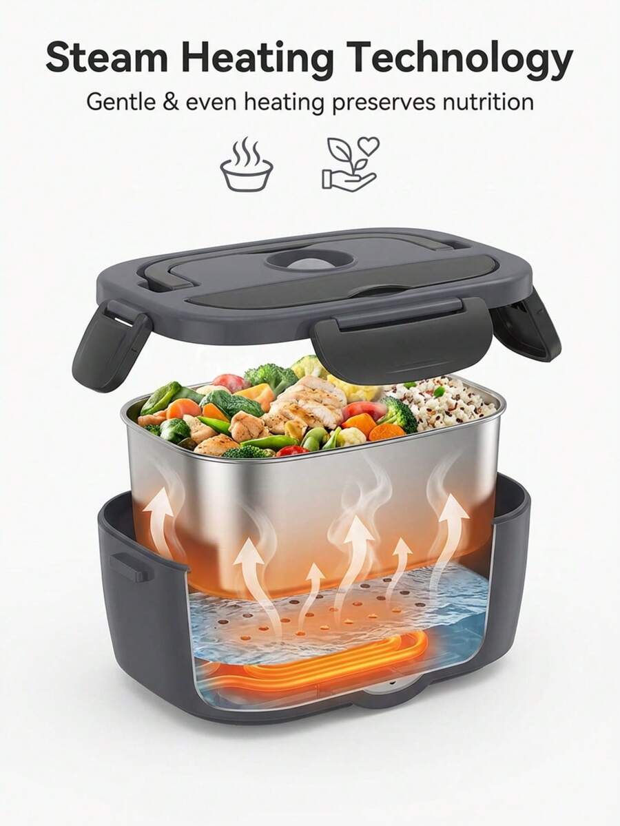 Herrfilk Electric Portable Food Heating Box, Car And Home Universal, Leak-Proof, With 1.5L Detachable Stainless Steel Inner Liner, Suitable For Truck Drivers To Heat Lunch Box - Gray-black - View 1