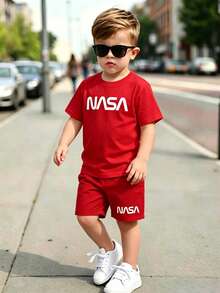 2pcs Baby Boy Letter Print Short Sleeve T-Shirt And Shorts Set - Red - View 1