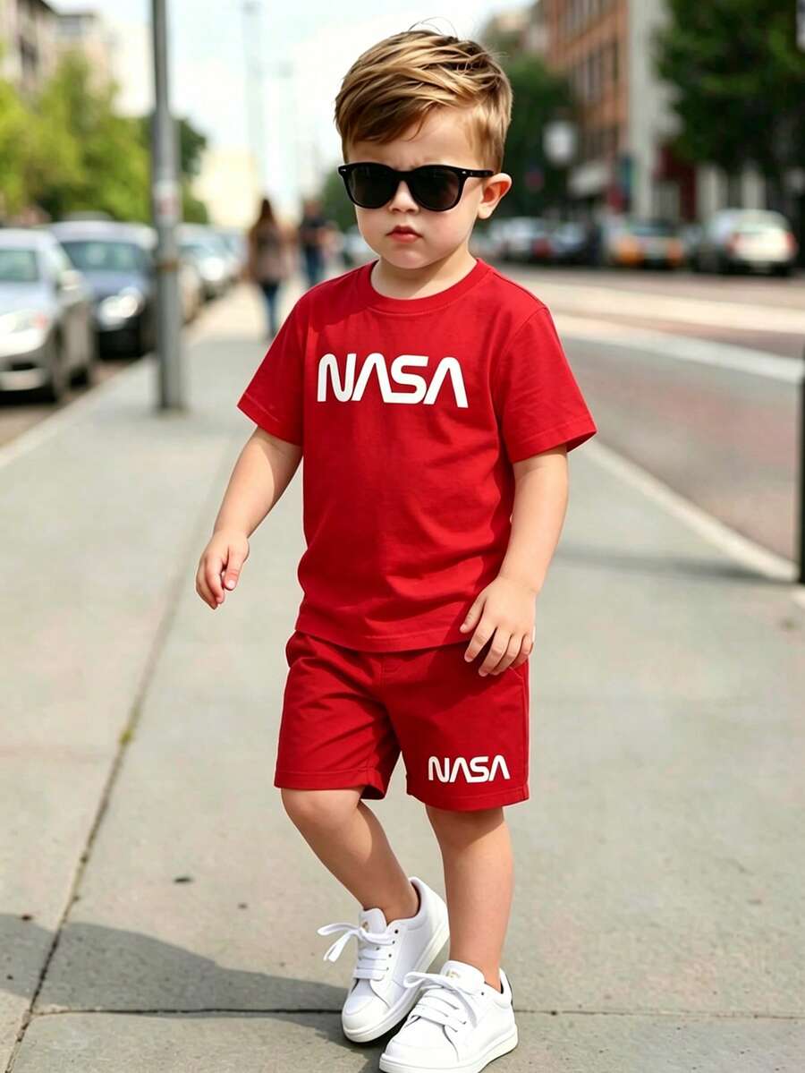 2pcs Baby Boy Letter Print Short Sleeve T-Shirt And Shorts Set - Red - View 1