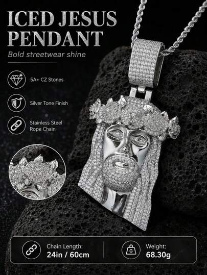 Dây chuyền mặt hình đầu Chúa Jesus lấp lánh đính đá Cubic Zirconia, kiểu dáng dây xoắn phong cách rapper, phụ kiện cá nhân hóa dành cho nam giới.