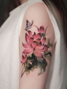 1pc Traditional Chinese Ink And Watercolor Red Lotus And Butterfly Pattern Temporary Tattoo Sticker, With Realistic Tattoo Design. Suitable For Travel, Music Festivals, Games, Graduation Gifts. Lasts For 3-5 Days. - Multicolor - View 3