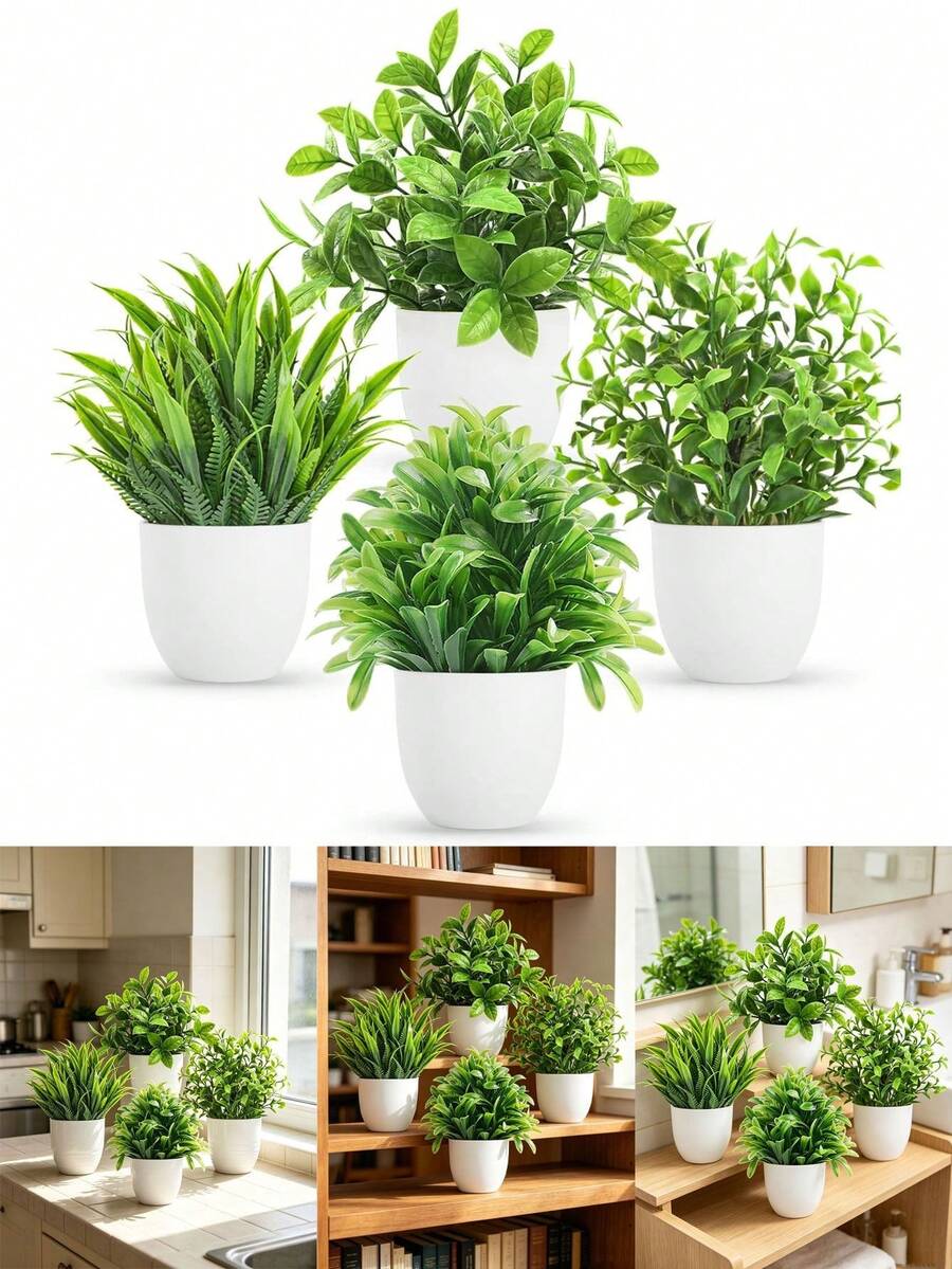4/2/1p 迷你仿真植物，附盆迷你逼真人造盆栽植物，人造尤加利、細葉龍尾草、蒙古櫟、春季草仿真植物，迷你人造塑料綠草頂飾灌木，適用於辦公桌裝飾、婚禮伴手禮、新娘派對裝飾、居家辦公室裝飾中心飾