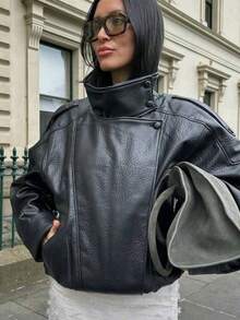 Liorin Autumn/Winter New Women's European And American Style Fashion Minimalist Versatile Jacket Premium Faux Leather Coat - Black F - View 4