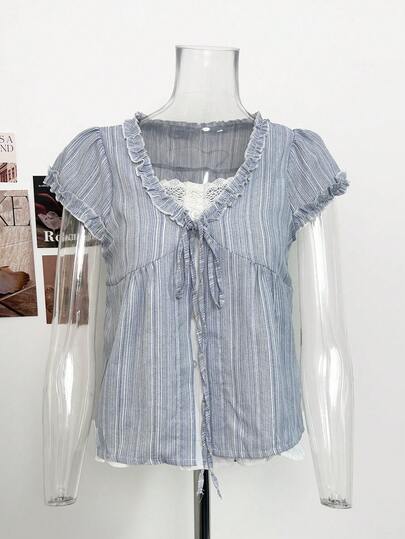 Blus Atasan Lengan Pendek 2 In 1 Wanita Motif Garis Biru Musim Panas yang Menyegarkan dengan Tali Pengikat dan Penutup Telinga.