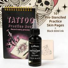 Tattoo Practice Set - 10 Pre-Drawn Tattoo Practice Skin Sheets, 60ml True Black Tattoo Ink, 3 Black Basic Ink Cups, Suitable For Beginners And Artists - Multicolor - View 4