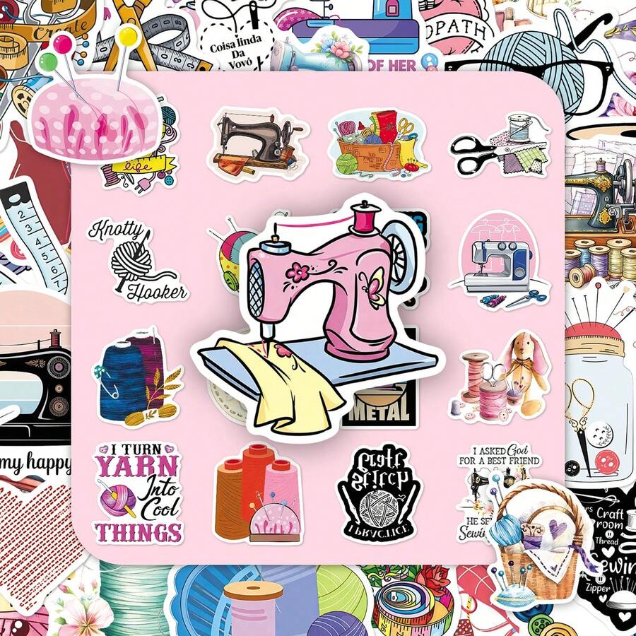50pcs Handmade Knitted Fabric Sewing Enthusiast Cartoon Scissors Pin Cushion Fun Decorative Storage Box Stickers - Sewing Enthusiasts - View 1