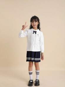 少女学院风翻领长袖衬衫，春秋装 - 白色 - 查看 2