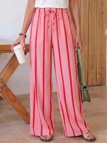 Women's Casual Striped Straight Loose Pants For Summer, Suitable For Daily Wear & Vacation - Pink - View 5