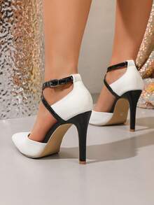 Sapatos de Salto Alto Ultra Elevado para Mulher com Fivela de Strass e Tira, Decote Baixo, Salto Agulha, Biqueira Pontiaguda, Brancos - Branco - Ver 4