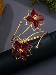 1 buah Gelang Lengan Enamel Motif Bunga Ganda, Rantai Lengan Bunga Berlebihan Gaya Liburan yang Dipersonalisasi, Kelopak 3D yang Ramah Kulit dan Dapat Diatur - Gaya berongga Burgundy - View 4