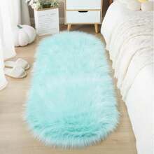 1pc Faux Wool Carpet Rug, Thick Fluffy Long Rug, Suitable For Bedroom, Living Room, Bedside, Sofa Matching, Washable, Daily Home Decor - Light Blue - Oval - View 12