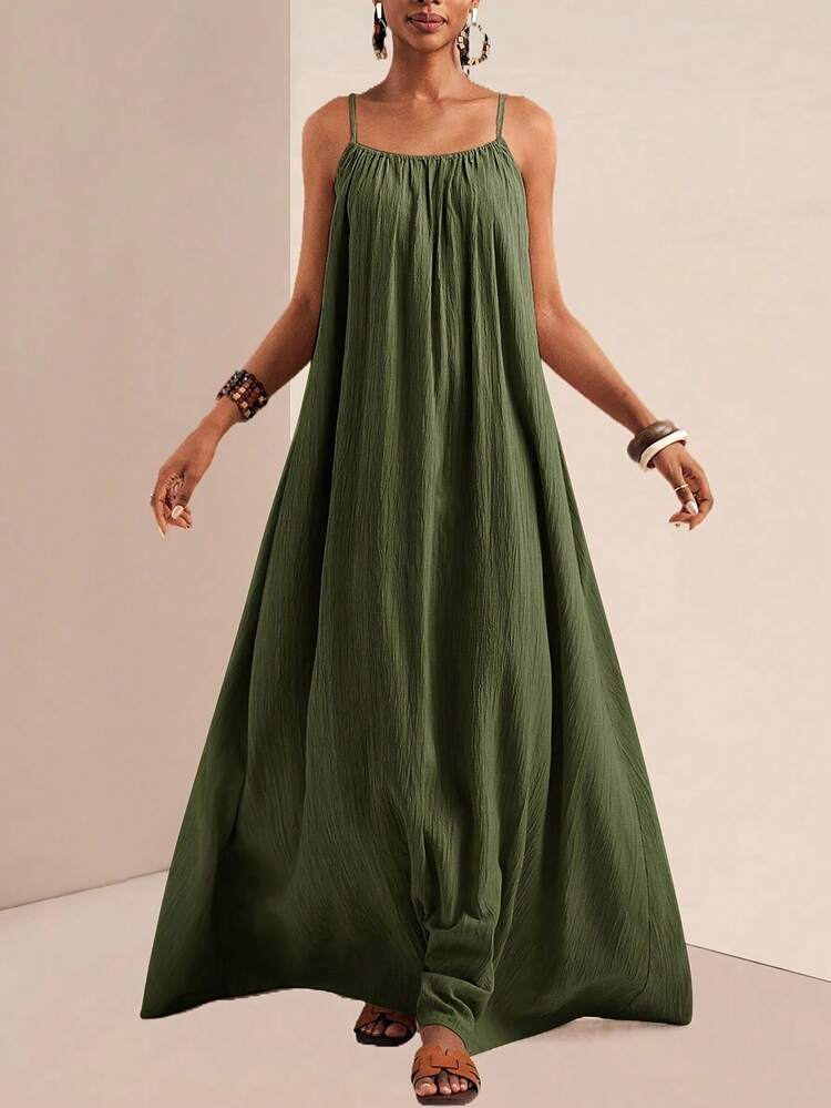 Vestido largo verde para mujer, con tirantes finos y escote cuadrado, estilo holgado casual - Marron oscuro - Añade 11