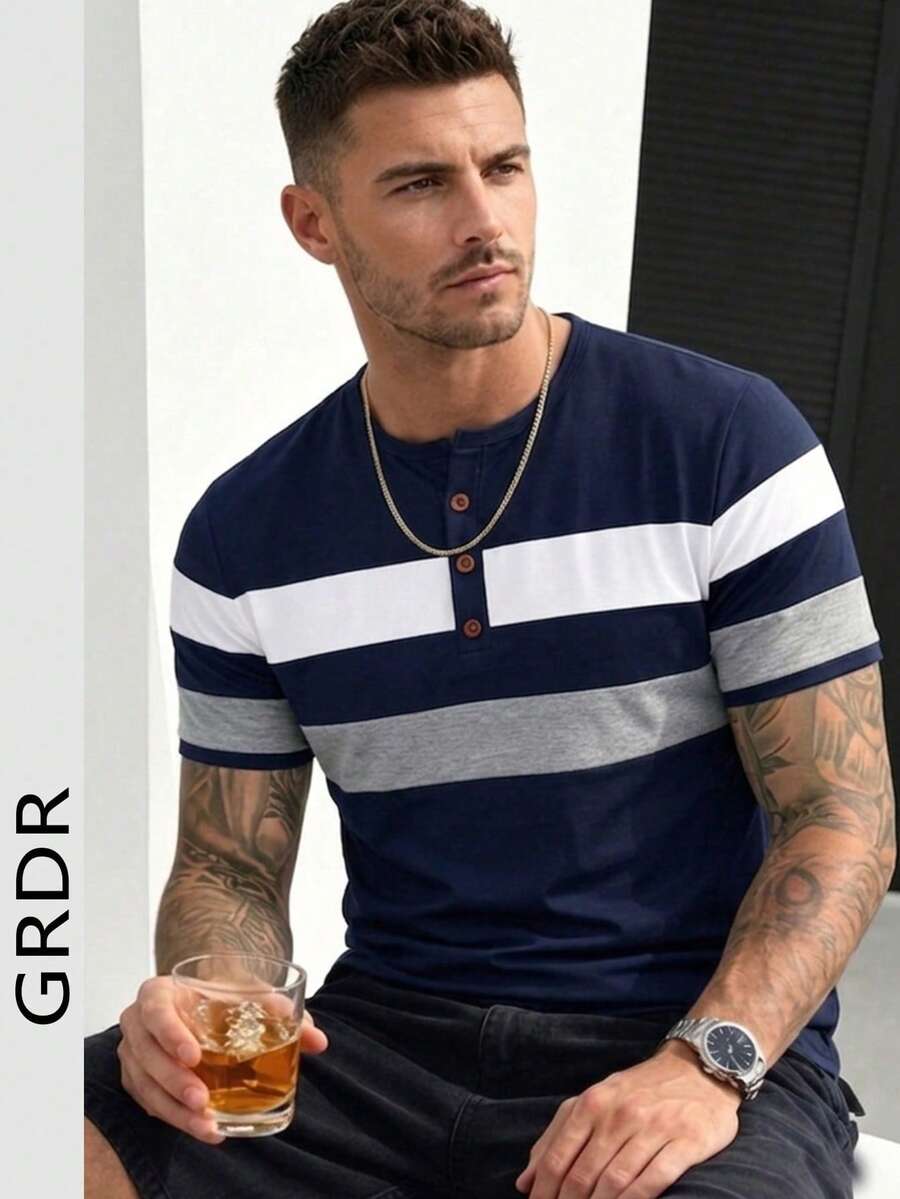 GRDR 1件夏季新款撞色商务休闲圆领男士T恤 - 藏蓝色 - 查看 1