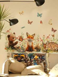 1pc Cartoon Cute Forest Animals Bear Fox Deer Flower Butterfly Wall Decor Sticker, Removable Room Decoration Wall Decal For Bedroom Living Room Entryway - 1PC - View 3