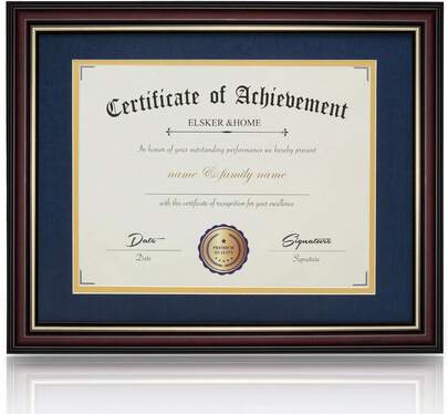 ELSKER&Amp;HOME 8.5x11 Document Frame - Matte Reddish Brown Wood Color Frame - Made For Certificates Sized 8.5x11 Inch With Mat And 11x14 Inch Without Mat (Double Mat, Navy With Golden Rim)