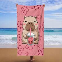 1pc Cartoon Capybara Holding Bubble Tea Beach Towel, Beach Towel, Perfect For Swimming, Fitness, Yoga, Travel, Camping, Use, Beach Accessories, Poolside Accessories - Pink - View 4