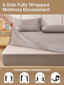 1pc Textured Woven Fitted Sheet, 6-Sided Zipper Mattress Protector, Country Style Woven Bed Cover, Coffee Brown Room Decor, Dust-Proof & Non-Slip, Skin-Friendly & Breathable, Suitable For Twin/Full/Queen/King Size Beds, All-Season Use, Machine Washable, Pillow And Duvet Cover Not Included - Warm Coffee Color - View 8
