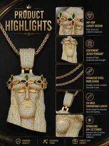 Bling Colorful Four-Leaf Clover Jesus Head Copper Zirconia Pendant Necklace, European And American Rapper Same Style Twisted Chain Necklace, Personalized Accessory For Men - Four-leaf Clover Jesus Pendant Necklace - View 8