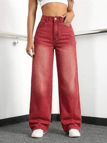 ICON Jeans holgados de tiro alto con lavado de agua y bolsillos, efecto desgastado para mujer, otoño - Rojo - Ver 1