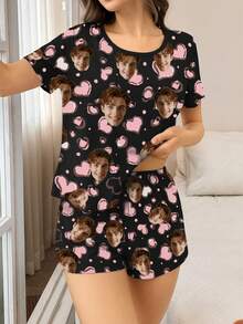 2 Pieces Custom Face Photo Heart Print Women's Pajama Set - Casual Loungewear Home Wear Valentine's Day Romantic Gift - Black - View 4