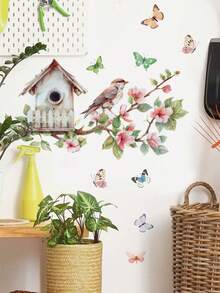 1 pieza Pegatina de decoración de pared con pájaro, rama de flor de durazno y mariposa, nido de pájaro, calcomanía de pared removible para decoración de habitación, dormitorio, sala de estar, entrada - 1PC - Ver 4
