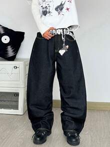 1 pieza Justice Brother Pantalones vaqueros de mezclilla negros con estampado dorado, moda callejera coreana, personalizados con lavado, pierna ancha y holgados, versátiles para todas las estaciones (excluyendo cinturón/accesorios) - Negro - Ver 4