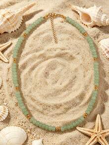 1pc European And American Bohemian Round Geometric Natural Stone Cracked Effect Beaded Short Necklace With Stainless Steel Accessories For Summer Beach Vacation - Stone Bead Stainless Steel Necklace - View 14