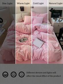 Blue And White Color Block Washed Polyester Skin-Friendly 3 PiecesDuvet Cover Set - Baby Pink - View 8
