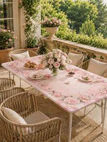 1Pc Pink Rose Round Stretch Tablecloth, Elegant Polyester Elastic Fitted Table Cover, Floral Wreath Print Washable Dustproof Table Protector Slipcover For Dining Table, Kitchen, Wedding, Party, Spring Home Decor - Multicolor - View 6