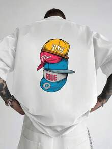 Camiseta de hombre con estampado de sombreros a la moda, estilo urbano, adecuada para uso casual diario, corte holgado con hombros caídos, cuello redondo y manga corta. - Blanco - Ver 7