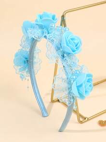 1pc Blue Lace Headband For Girls Flower Hairband Faux Pearl Hair Hoop Elegant Headwear Wedding Party Vacation Gift Headdress Teens Hair Accessories - Blue - View 4