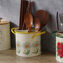 1pc Floral Print Enamel Utensil Holder, Divided Kitchen Cutlery Storage Bucket With Handle, Countertop Organizer For Chopsticks, Spoons & Forks, Vintage Farmhouse Style Kitchen Decor - Multicolor - View 2