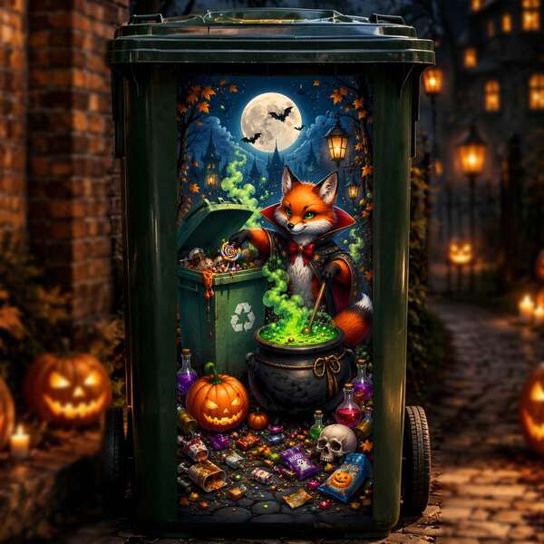 Halloween Witch Trash Can Sticker, Waterproof Wheelie Bin Decal, Trick Or Treat Pattern, Spooky Outdoor Yard Decor, Removable Vinyl Sticker For Halloween Party