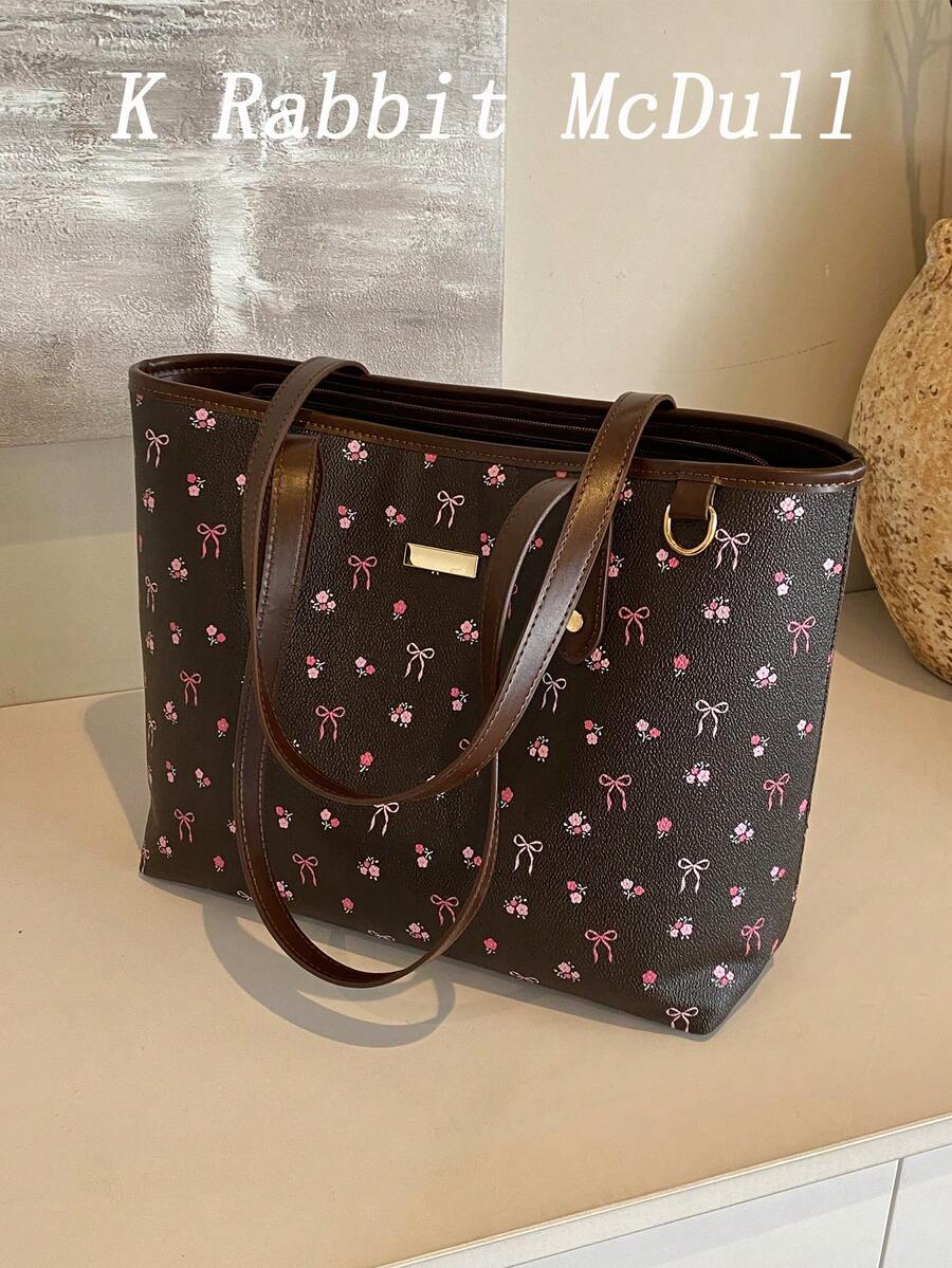New Floral Pattern PU Tote Bag, Waterproof Design, Fashion Large Capacity Shoulder Bag, Suitable For Commuting, Work, Daily Use, Students, Backpack