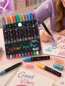 96/72/48/24 Colors Dual-Tip Glitter Pens With Quick-Dry Ink - Fine Tip, Tip To Barrel, Suitable For Scrapbooking, Card Making, Journaling, 24 Colors Dual-Tip Drawing Pens - Glitter Marker Set, Suitable For S, Artists And Supplies Random, Markers, Highlighters, Student Highlighters, Highlighters, Student Supplies, Student Essentials, Back To School Basic Supplies, Colored Markers, Student Stationery. - Rectangle - View 8