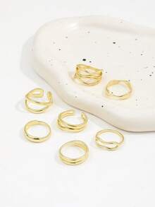7pcs Gold Metal Thick Ring Set, Minimalist Cross Ring Design, Women's Stackable Simple Finger Ring Jewelry - Gold - View 3