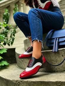 Women Oxfords Pumps Chunky Block Heels Mixed Color Lace Up Ladies' Business Loafers Fashion Comfy Casual Luxury Dress Shoes - 紅色 - 查看 3