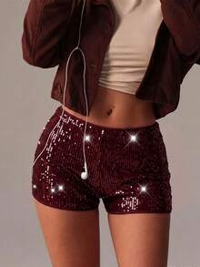 Women's New Autumn/Winter Daily Versatile Leopard Print Sequin Embroidered All-Season Shorts - Red Violet - View 4