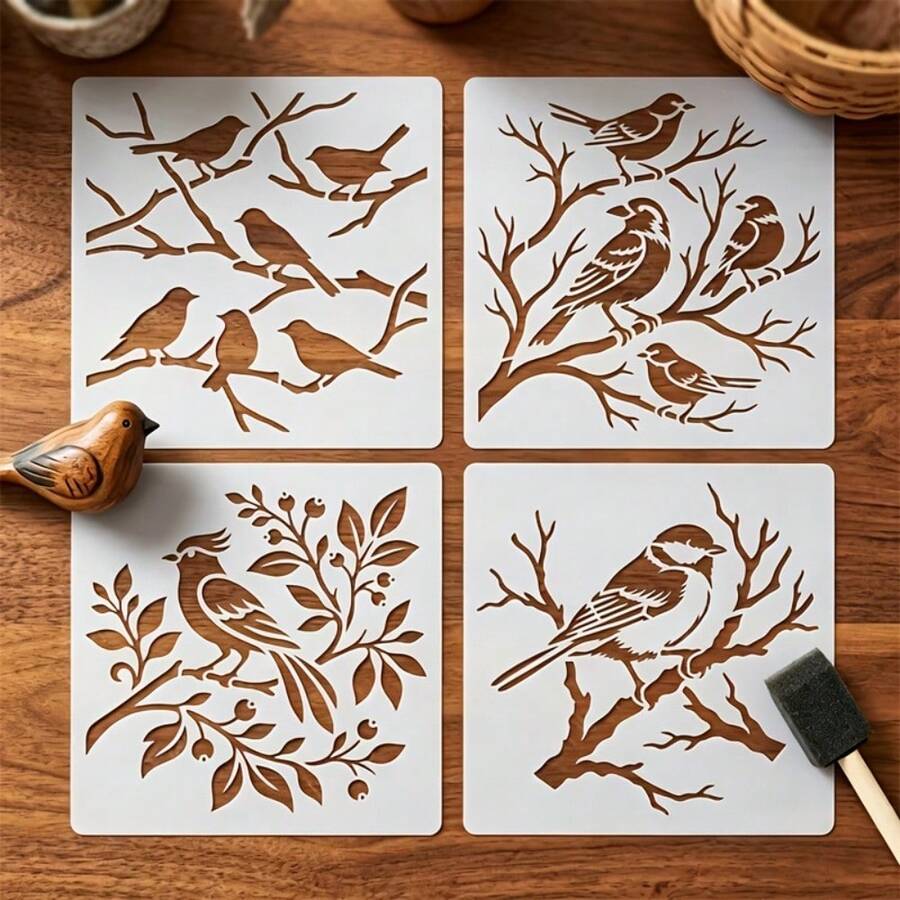 4pcs Reusable Bird And Branch Stencil - Natural Floral Pattern Stencils, Suitable For Wall Art, Fabric Painting, Scrapbooking, Can Be Paired With Chick, Cardinal, Sparrow And Branch Designs, Used For Home Decor, Furniture And Canvas Crafts - Bird Template - View 1