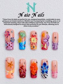 NAIO 10Pcs/Set Uñas Postizas Hechas a Mano, 3 Tamaños: Puntas Ataúd/Almendra/Cuadradas Cortas, Estilo Dulce Y2K, Diseño de Impresión Floral Multicolor & Dibujos Animados, Flores 3D, Decoración de Lunares & Piedras Preciosas, Mujeres & Niñas, Fiesta & Uso Diario, Kit de Herramientas, Regalo & Suministros para Uñas - Multicolor - Ver 4