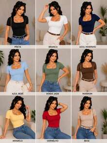 Blusa Blusinha  Tshirt Baby Look Feminina Básica com Decote Quadrado com Manga Curta Moda Casual Versátil Blogueira Elegante  Simples - Marrom - Visão 3