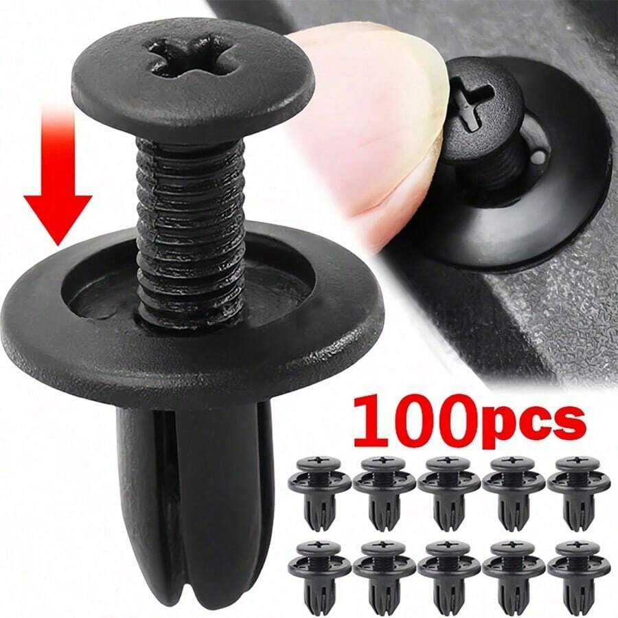 50/100/200個 6/8mm 黑色塑膠卡扣鉚釘，通用汽車車身飾條固定件，適用於汽車車身面板與裝飾零件