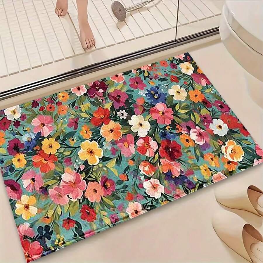 1pc Retro Floral Pattern Design Microfiber Bath Mat,Non-Slip And Soft Bathroom Floor Rugs,Doormat,Water Absorption Mat,Machine Washable,Low Pile,TPR Backing,Knit Fabric,For Bedroom,Kitchen,Indoor Use,Accessories & Home Decor,Perfect New Home Gift - Multicolor - View 1