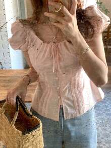 Blusa de manga corta ajustada con mangas abullonadas y cintura con lazo, unicolor, rosa, para primavera/verano y vacaciones - Verde militar - Ver 6