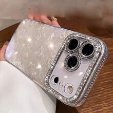 Funda de teléfono con textura de concha arcoíris de cobertura completa, marco de cámara de diamante con estampado de amor lindo, funda protectora ultra delgada resistente a arañazos, compatible con iPhone 17 16 15 14 13 Pro Max 12 Pro Max 11, varios regalos para días festivos - Blanco - Ver 5