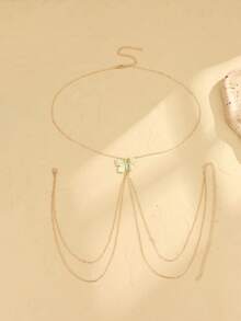 1pc Minimalist Gold Draped Multi-Layer Y-Shaped Long Back Necklace, Exquisite Elegant Butterfly Pendant Back Chain, Eye-Catching Accessory For Evening Gowns And Formal Occasions - Gold - View 4